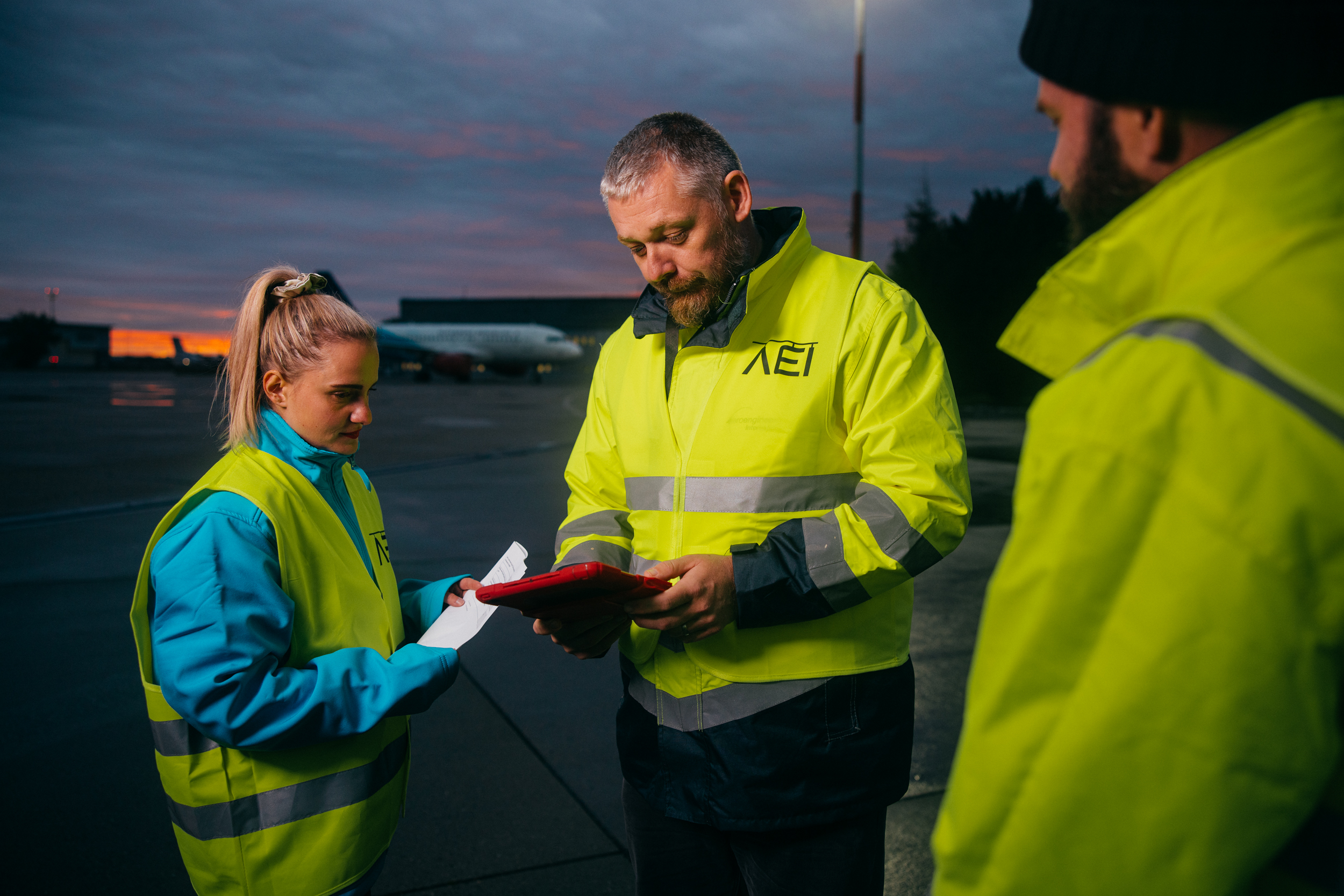 Three AEI technicians reviewing notes and a tablet on the apron at dusk